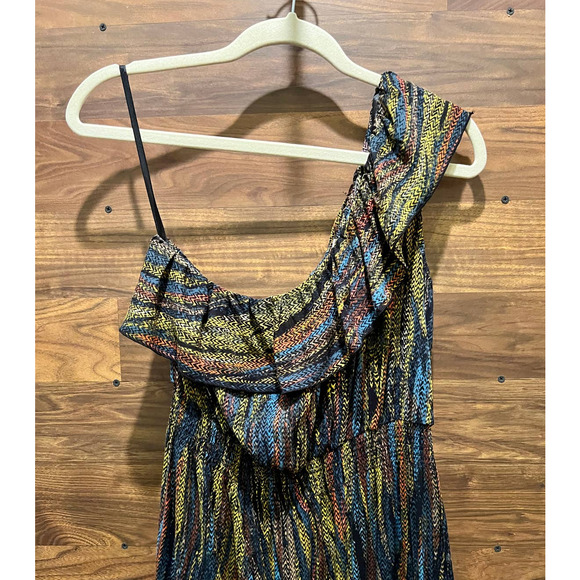 AUW 1 Shoulder Summer Dress Mini Length Women's Medium Rayon Stretch Waist - Picture 3 of 8